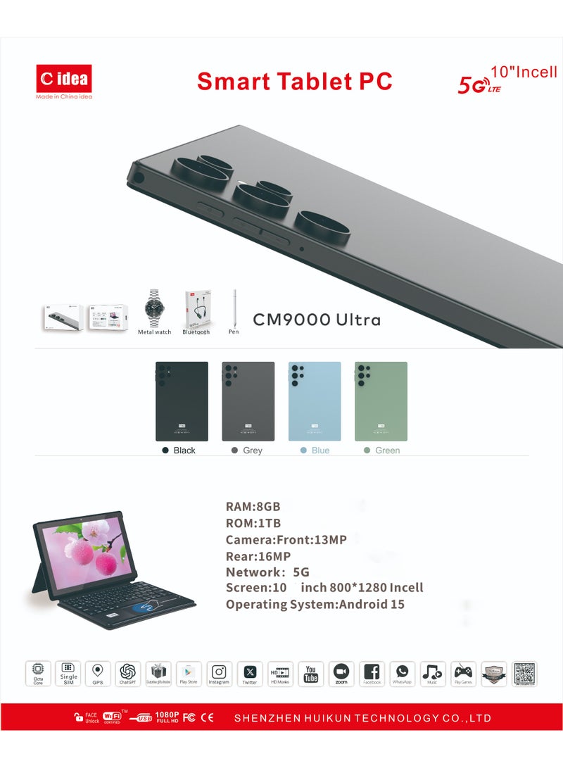 سي آيديا CM9000 ألترا 10 إنش تابلت ذكي مع لوحة مفاتيح حساسة للمس 8GB RAM 1TB ROM كاميرا مزدوجة شريحة واحدة 5G LTE واي فاي GPS أندرويد 15 تابلت للطلاب - أسود - Image 4
