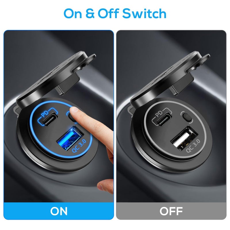 لينك ستايل Linkstyle 2PCS Car USB Outlet, 18W QC3.0 & 30W PD3.0 Ports Car Charger Socket with ON OFF Switch for 12V/24V Car Boat Marine - Image 3
