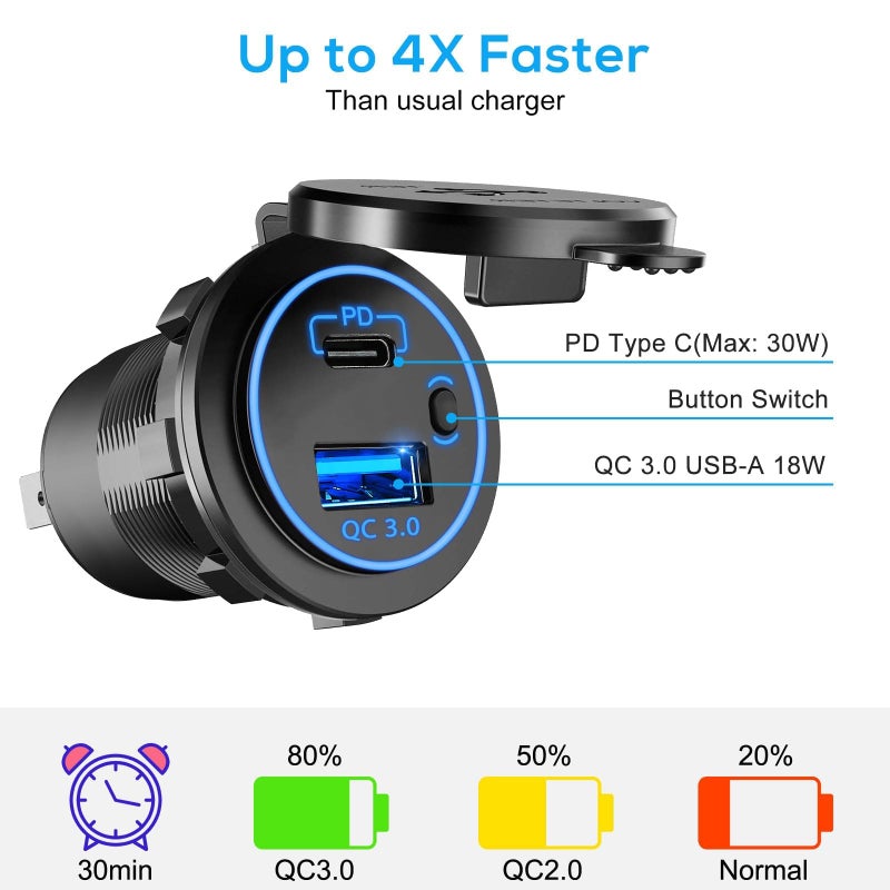 لينك ستايل Linkstyle 2PCS Car USB Outlet, 18W QC3.0 & 30W PD3.0 Ports Car Charger Socket with ON OFF Switch for 12V/24V Car Boat Marine - Image 2