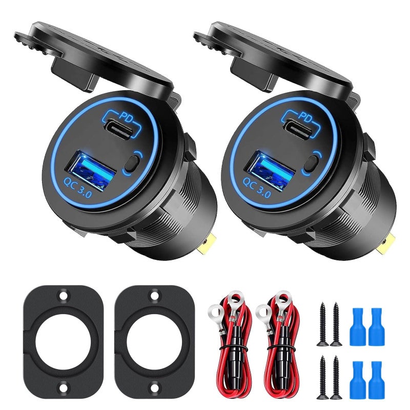 لينك ستايل Linkstyle 2PCS Car USB Outlet, 18W QC3.0 & 30W PD3.0 Ports Car Charger Socket with ON OFF Switch for 12V/24V Car Boat Marine - Image 1