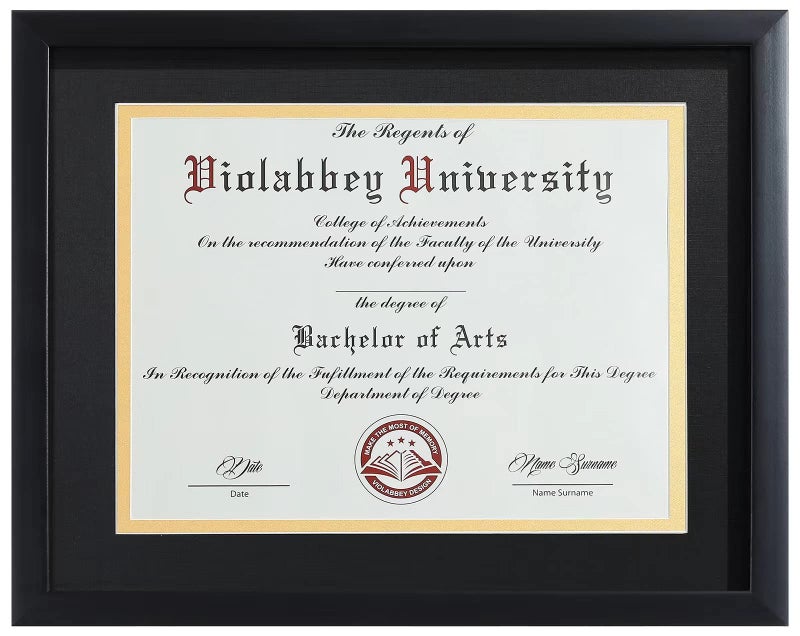 VIOLABBEY VIOLABBEY 85 x 11 Diploma Frame Black with HD Real Glass Fits 85x11 Inch Degree Document with Black Gold Double Mat or 11x14 without Mat Certificate Frame for Wall or Tabletop Display 