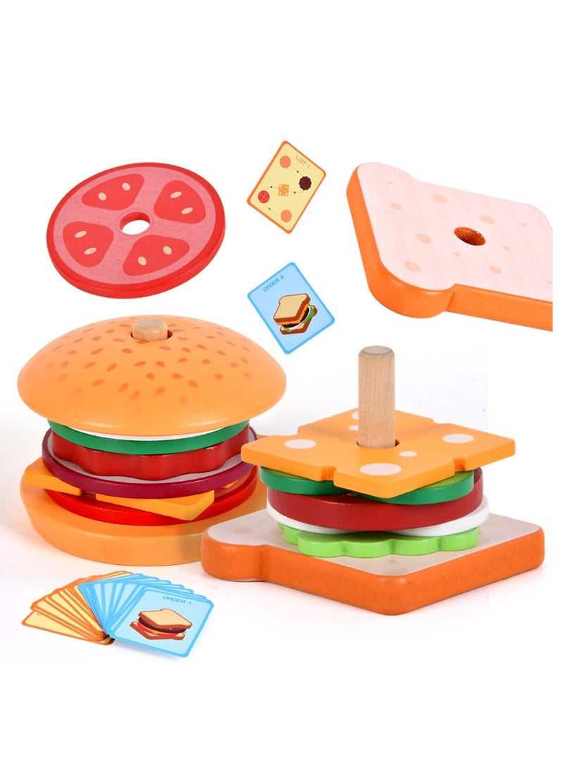 Montessori Burger Stacking Toy Wooden Sandwich Burger Toy Food Toy with Order Card Preschool Educational Toy Fine Motor Toy Toddler Building Blocks  - Image 1