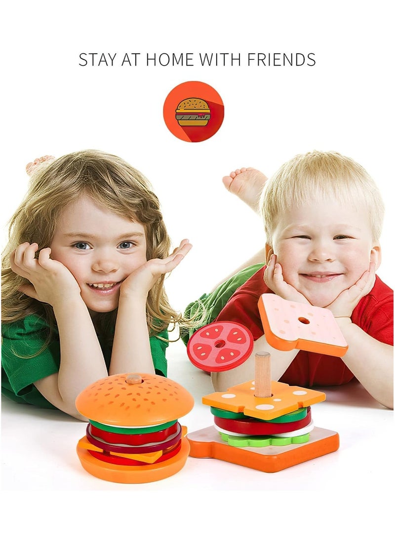 Montessori Burger Stacking Toy Wooden Sandwich Burger Toy Food Toy with Order Card Preschool Educational Toy Fine Motor Toy Toddler Building Blocks  - Image 5