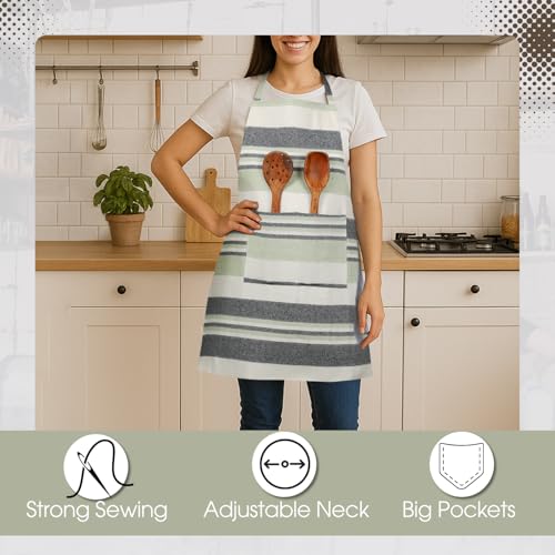 Värde 2 Pcs Unisex Cooking Aprons | Spillproof Layer | Striped Design with 2 Front Pockets & Free Size Neck Strap | Durable,Oil & Stain Resistant | Chef Apron for Cooking (Coriander &Lavender Mist) - Image 3