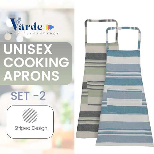 Värde 2 Pcs Unisex Cooking Aprons | Spillproof Layer | Striped Design with 2 Front Pockets & Free Size Neck Strap | Durable,Oil & Stain Resistant | Chef Apron for Cooking (Coriander &Lavender Mist) - Image 2