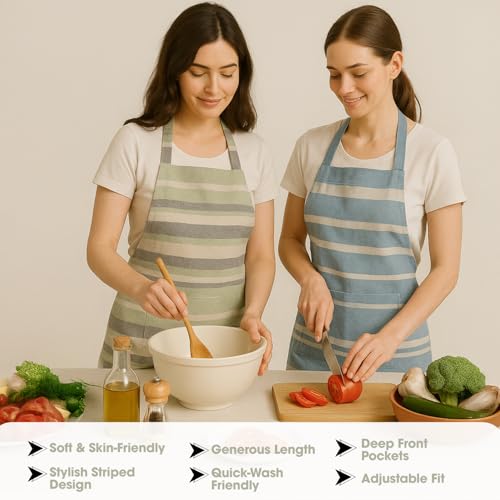 Värde 2 Pcs Unisex Cooking Aprons | Spillproof Layer | Striped Design with 2 Front Pockets & Free Size Neck Strap | Durable,Oil & Stain Resistant | Chef Apron for Cooking (Coriander &Lavender Mist) - Image 5