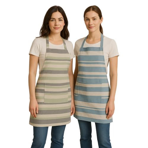 Värde 2 Pcs Unisex Cooking Aprons | Spillproof Layer | Striped Design with 2 Front Pockets & Free Size Neck Strap | Durable,Oil & Stain Resistant | Chef Apron for Cooking (Coriander &Lavender Mist) - Image 1
