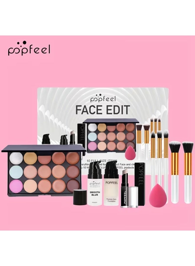 popfeel 10Pcs Full Face Makeup Kit - Includes Concealer Palette, Foundation, Primer, and Professional Brush Set - Image 1
