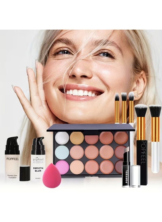 popfeel 10Pcs Full Face Makeup Kit - Includes Concealer Palette, Foundation, Primer, and Professional Brush Set - Image 2