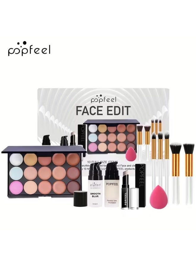 popfeel 10Pcs Full Face Makeup Kit - Includes Concealer Palette, Foundation, Primer, and Professional Brush Set - Image 3
