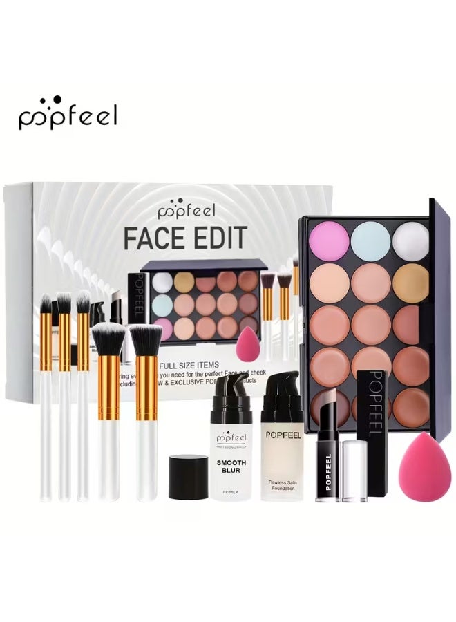 popfeel 10Pcs Full Face Makeup Kit - Includes Concealer Palette, Foundation, Primer, and Professional Brush Set - Image 4