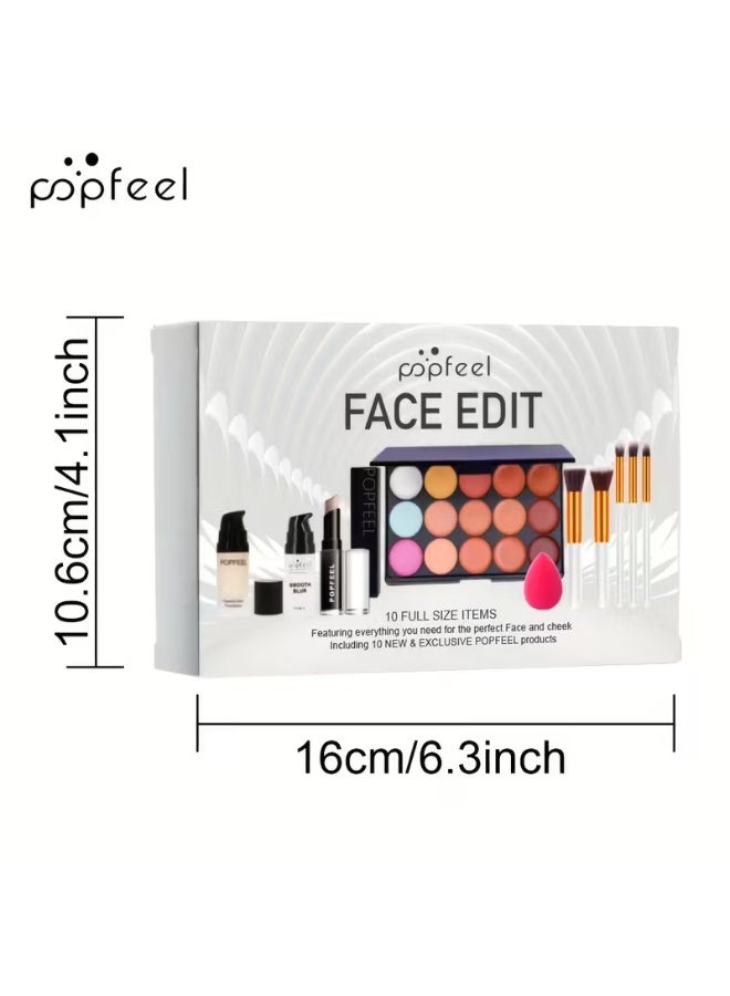 popfeel 10Pcs Full Face Makeup Kit - Includes Concealer Palette, Foundation, Primer, and Professional Brush Set - Image 5