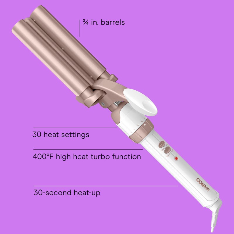 Conair Double Ceramic 3 Barrel Curling Iron, Triple Barrel Waver Hair Tool Creates Deep, Continuous Waves, Hair Curler for All Hair Lengths, White/Rose Gold - Image 2