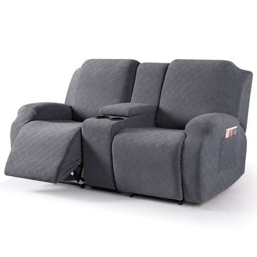 VANSOFY Recliner Loveseat Cover with Middle Console Stretch Reclining Sofa Slipcover for 2 Seat Jacquard Reclining Couch Sofa Covers Furniture Protector with Elastic Straps Bottom (Dark Gray) - Image 1