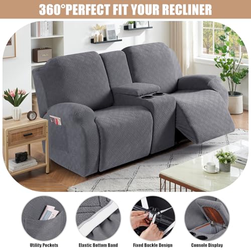 VANSOFY Recliner Loveseat Cover with Middle Console Stretch Reclining Sofa Slipcover for 2 Seat Jacquard Reclining Couch Sofa Covers Furniture Protector with Elastic Straps Bottom (Dark Gray) - Image 5