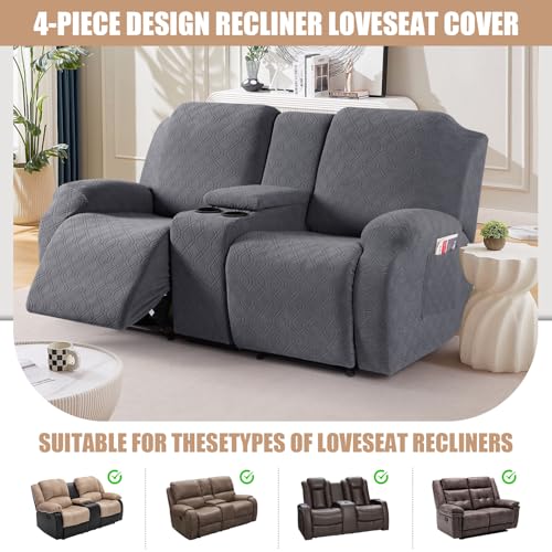 VANSOFY Recliner Loveseat Cover with Middle Console Stretch Reclining Sofa Slipcover for 2 Seat Jacquard Reclining Couch Sofa Covers Furniture Protector with Elastic Straps Bottom (Dark Gray) - Image 4
