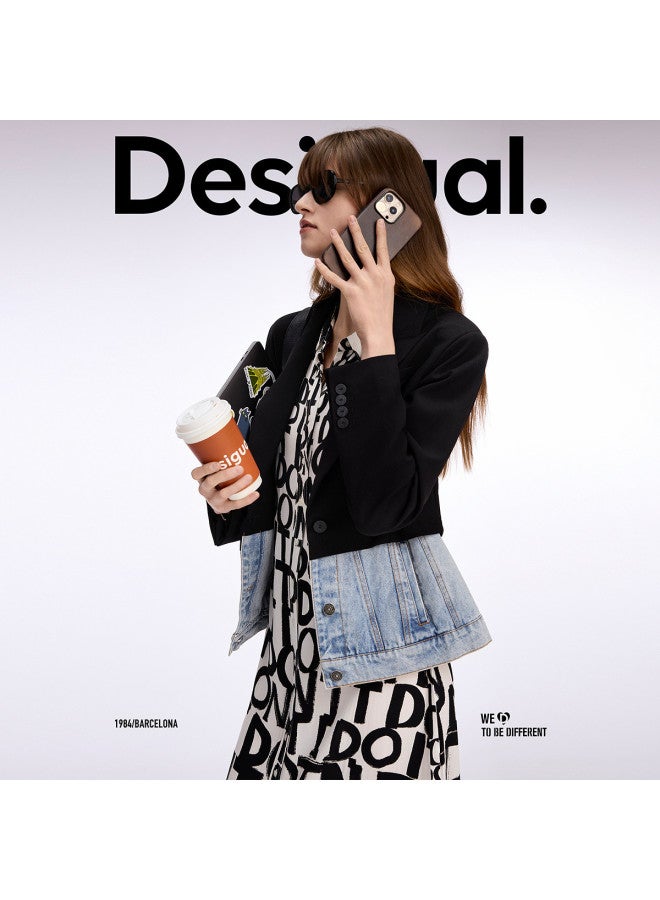 DESIGUAL جاكيت نسائي بلايزر من الدنيم بقطع فضفاضة مع جيوب جانبية مقطوعة 25ss - Image 2