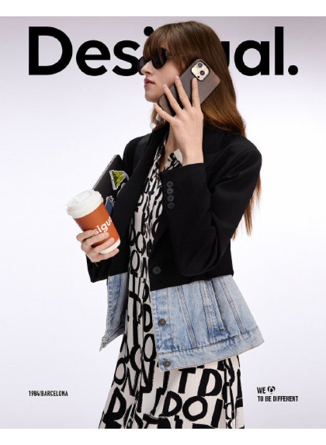 DESIGUAL جاكيت نسائي بلايزر من الدنيم بقطع فضفاضة مع جيوب جانبية مقطوعة 25ss - Image 1