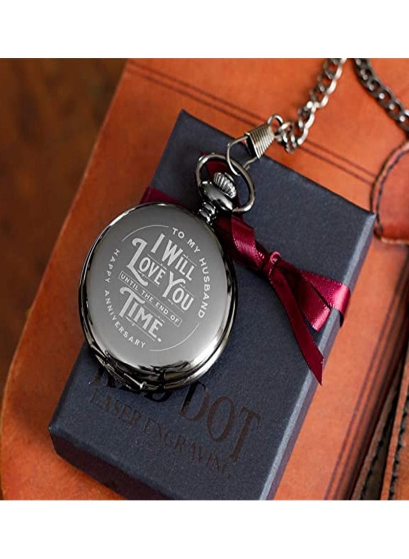 هدية ذكرى زواج للرجال للزوج - ساعات جيب منقوشة مذهلة للرجال - هدية ذكرى زواج له - تتضمن سلسلة وصندوق هدايا - فضي، فولاذ - Image 2