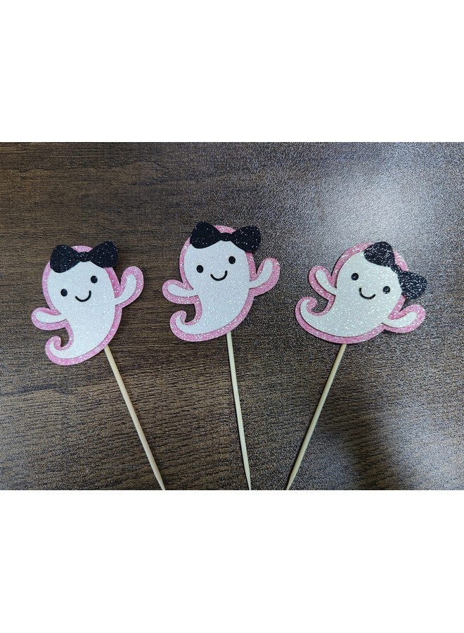 LeeSky Ghost Cupcake Toppers Pink Glitter, Halloween Ghost Baby Shower Cupcake Toppers Ghost Food Cupcake Picks for Pink Halloween Baby Shower Birthday Party Cake Supplies - 24Pcs - Image 3