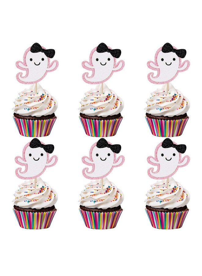 LeeSky Ghost Cupcake Toppers Pink Glitter, Halloween Ghost Baby Shower Cupcake Toppers Ghost Food Cupcake Picks for Pink Halloween Baby Shower Birthday Party Cake Supplies - 24Pcs - Image 1