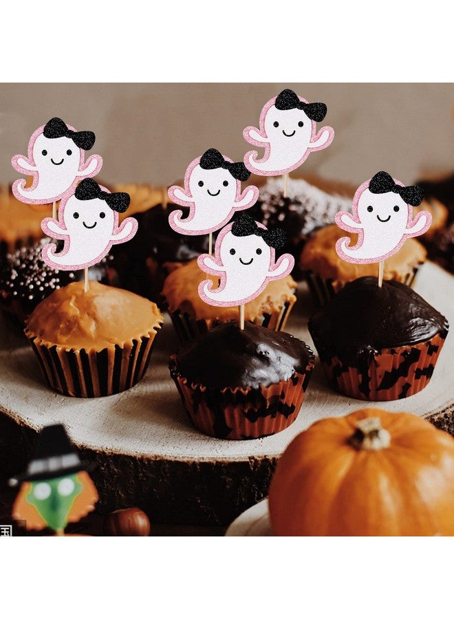 LeeSky Ghost Cupcake Toppers Pink Glitter, Halloween Ghost Baby Shower Cupcake Toppers Ghost Food Cupcake Picks for Pink Halloween Baby Shower Birthday Party Cake Supplies - 24Pcs - Image 2