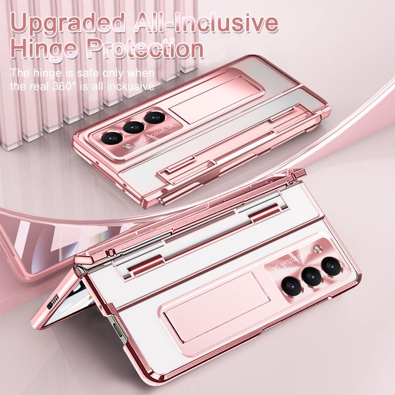 NINKI Luxury Hinged Case for Samsung Z Fold 4 with S Pen & Holder, 5 in 1 Screen Protector, Transparent Kickstand Rose Gold - Image 3