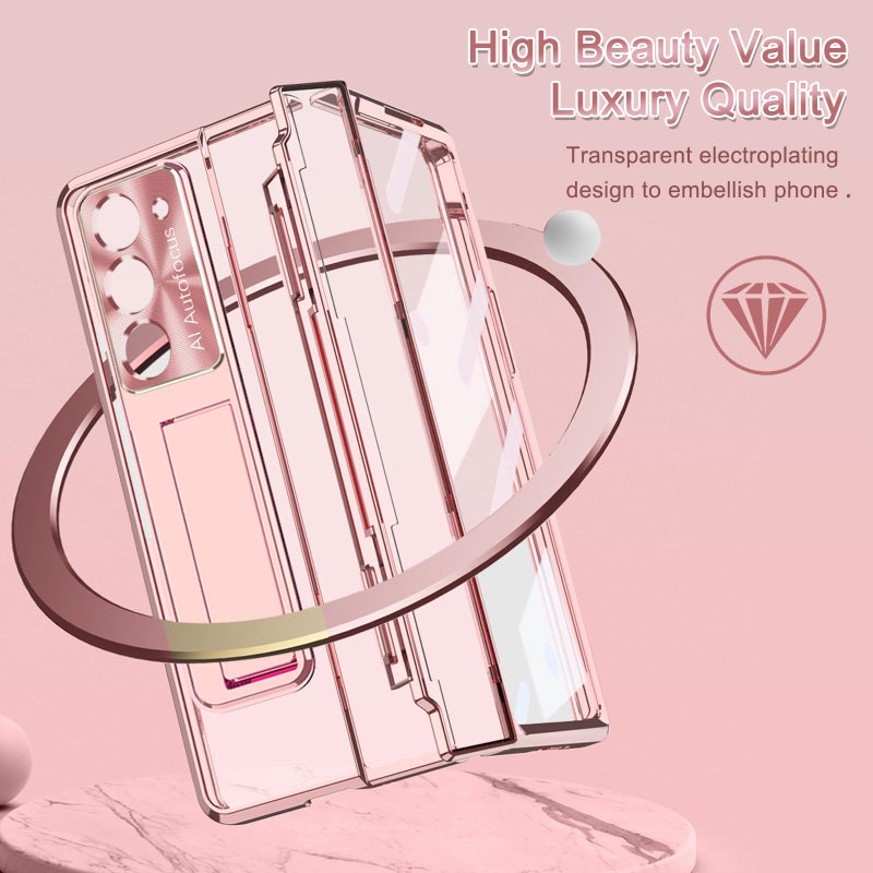 NINKI Luxury Hinged Case for Samsung Z Fold 4 with S Pen & Holder, 5 in 1 Screen Protector, Transparent Kickstand Rose Gold - Image 5