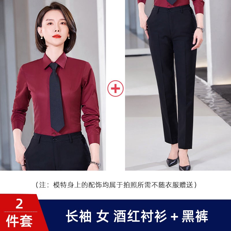 Spring and Summer purple long-sleeved shirt mens and womens same professional hotel front desk work clothes inner shirt embroidered LOGO Long-sleeved female red shirt + black pants