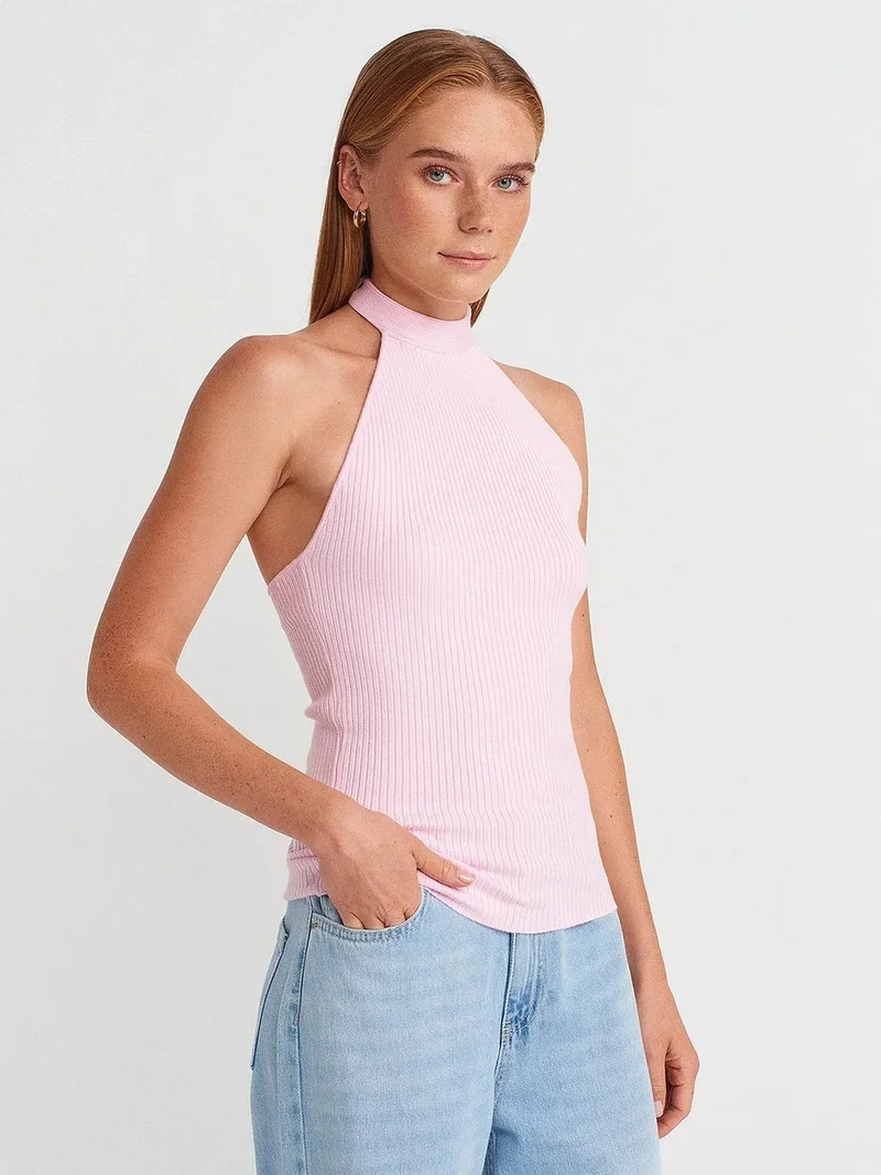 ديلفين DILVIN Ribbed Halterneck Slim-fit Blouse