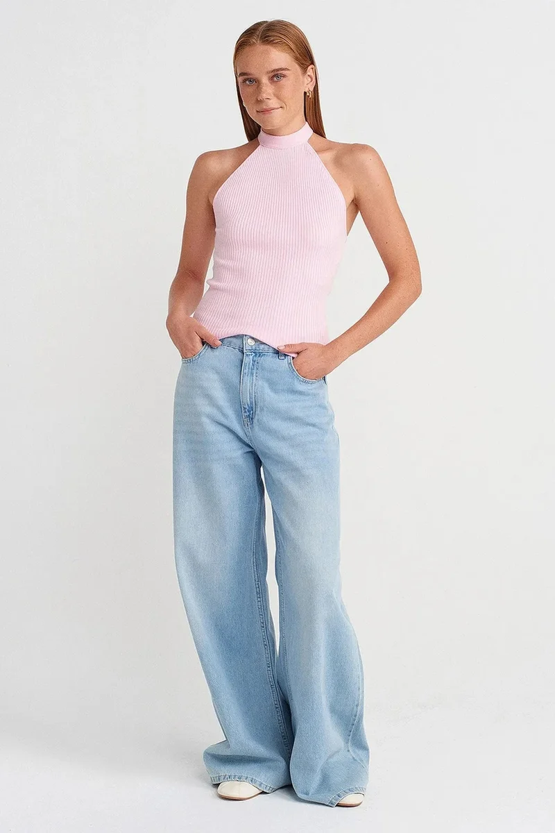 Dilvin Blush Pink DILVIN Ribbed Halterneck Slim-fit Blouse for Women | Best Price UAE