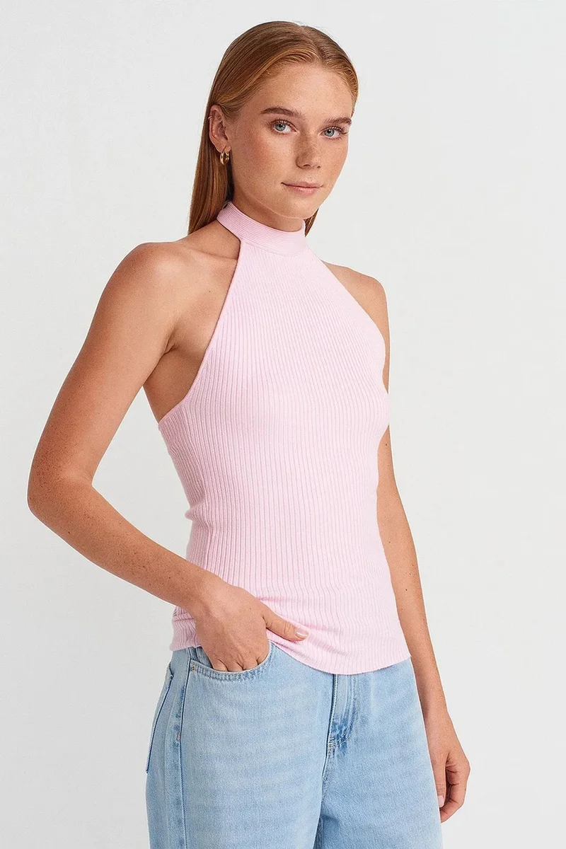 DILVIN Ribbed Halterneck Slim-fit Blouse