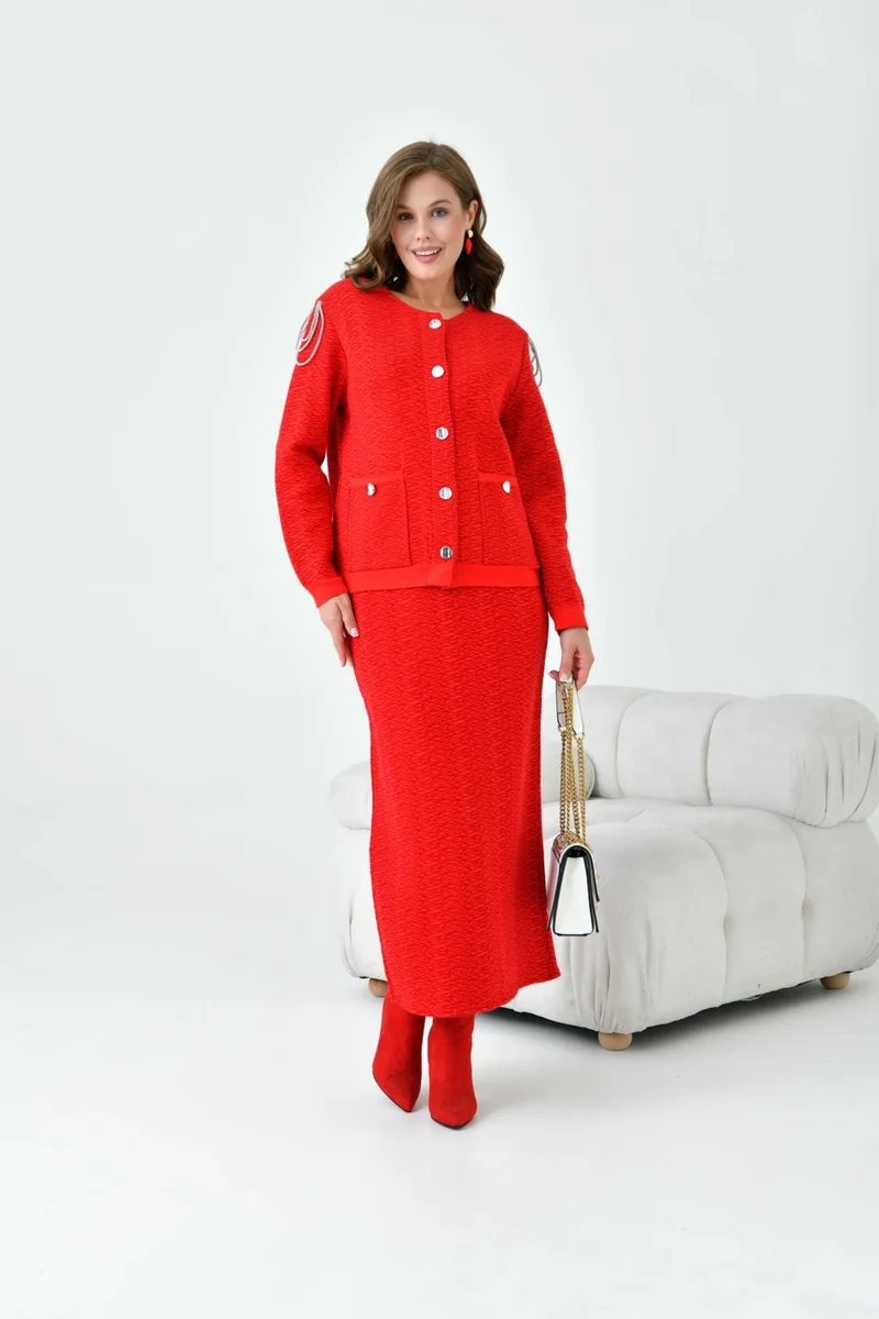 Garmi Women's Sleeve Detailed Two Piece Set Red