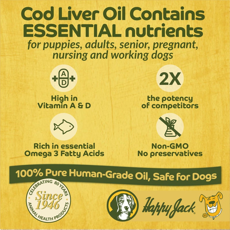 Happy Jack Cod Liver Fish Oil for Dogs Skin and Coat Supplement, Brain, Eyes, Bones, Hip, Joint, Heart & Immune System Health, Energy Booster (16 oz), Omega 3 with EPA & DHA, Vitamin A & D - Image 3