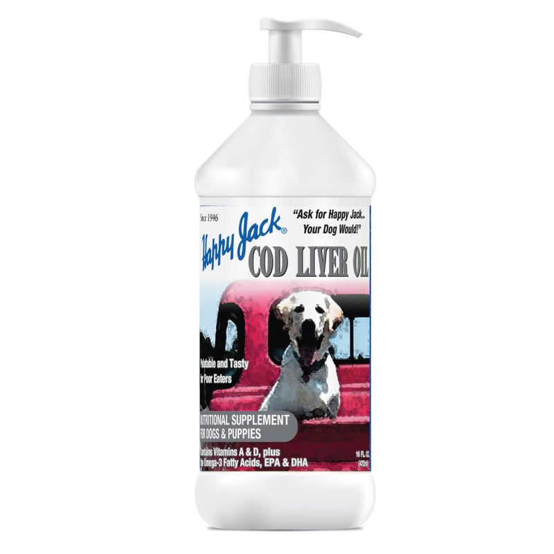 Happy Jack Cod Liver Fish Oil for Dogs Skin and Coat Supplement, Brain, Eyes, Bones, Hip, Joint, Heart & Immune System Health, Energy Booster (16 oz), Omega 3 with EPA & DHA, Vitamin A & D - Image 1