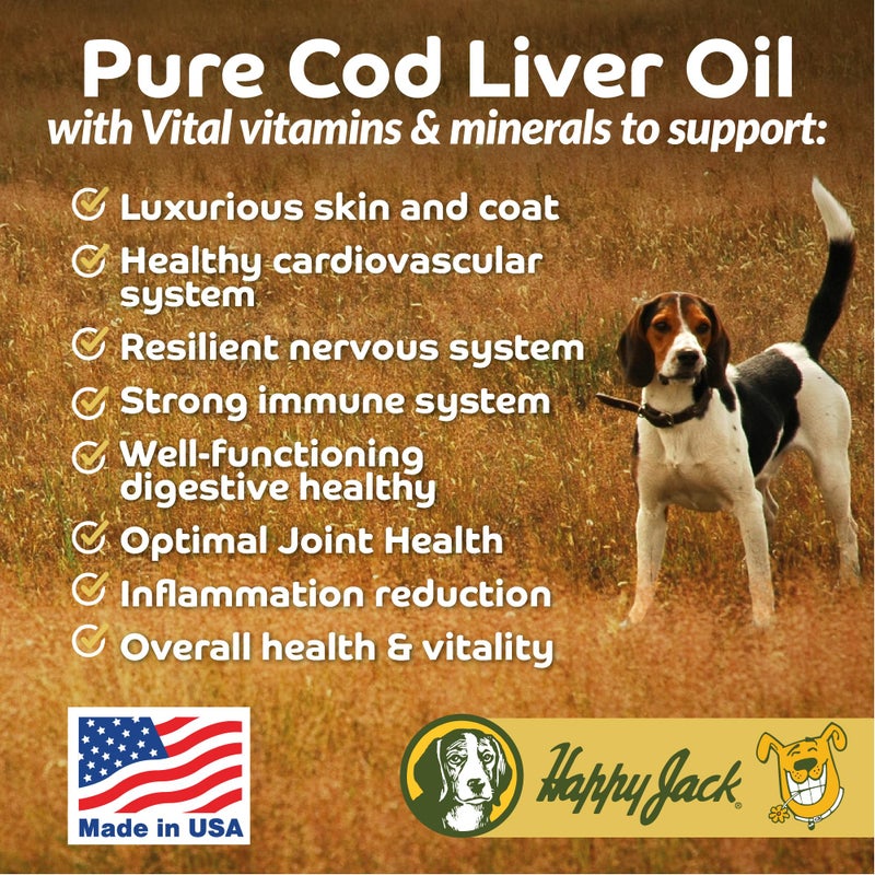Happy Jack Cod Liver Fish Oil for Dogs Skin and Coat Supplement, Brain, Eyes, Bones, Hip, Joint, Heart & Immune System Health, Energy Booster (16 oz), Omega 3 with EPA & DHA, Vitamin A & D - Image 2
