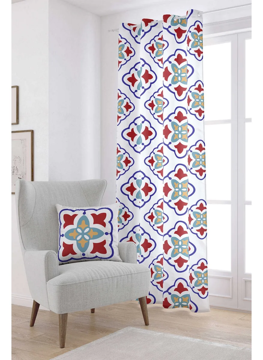 Cango Home White Blue Modern Ethnic Tile Patterned Digital Printed Curtain CGH572-PR