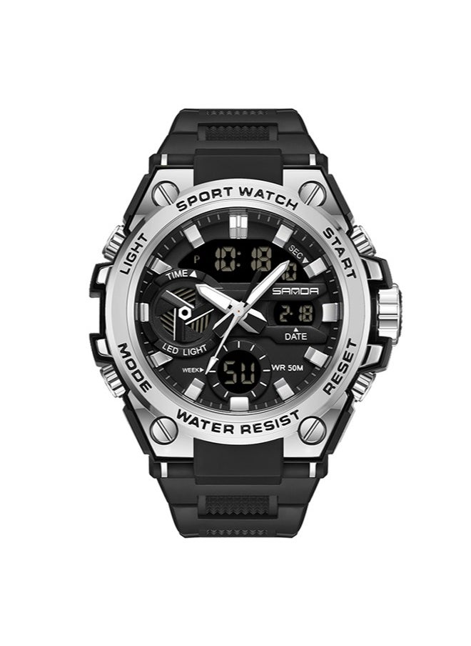 Sanda - Men's Dual-Display Dial Multi-Function Waterproof Watch With Stopwatch Chronograph Black Silver 3311 - Image 1