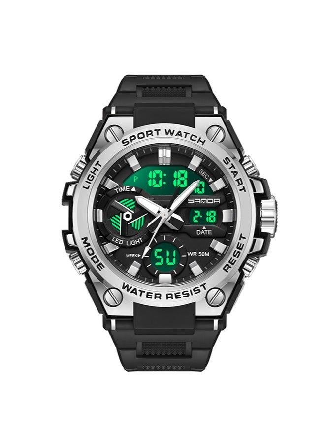 Sanda - Men's Dual-Display Dial Multi-Function Waterproof Watch With Stopwatch Chronograph Black Silver 3311 - Image 1