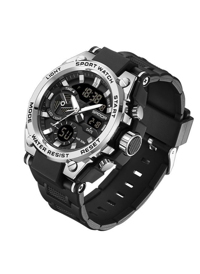 Sanda - Men's Dual-Display Dial Multi-Function Waterproof Watch With Stopwatch Chronograph Black Silver 3311 - Image 1