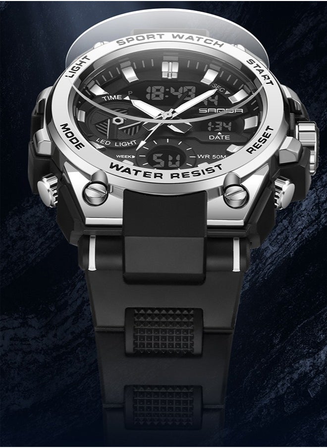 Sanda - Men's Dual-Display Dial Multi-Function Waterproof Watch With Stopwatch Chronograph Black Silver 3311 - Image 1