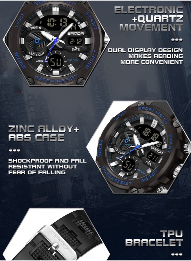 Sanda - Men's Dual-Display Dial Multi-Function Waterproof Watch With Stopwatch Chronograph Black Silver 3311 - Image 1