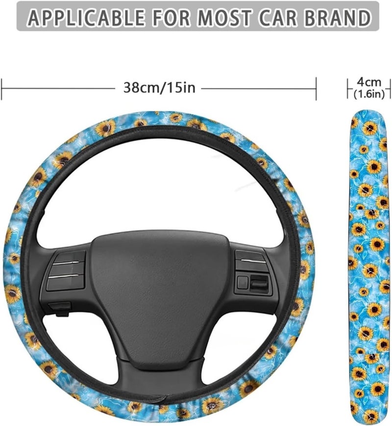 Universal Non-Slip Steering Wheel Cover, 15-inch Polyester Material Driving Accessories, Suitable for Car and Truck(Sea Blue Sunflower Print) - Image 5