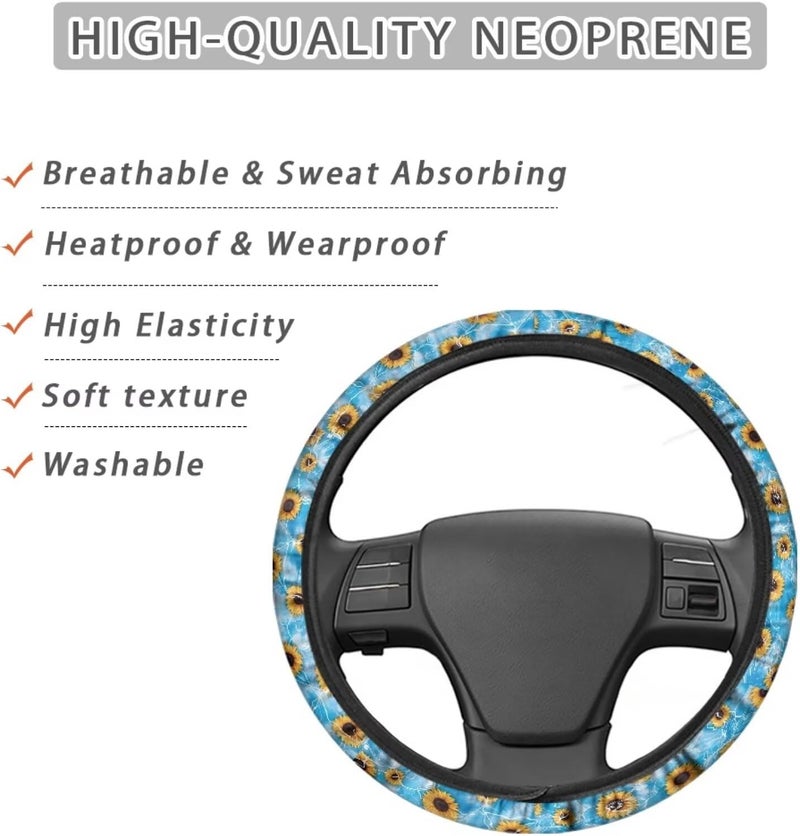 Universal Non-Slip Steering Wheel Cover, 15-inch Polyester Material Driving Accessories, Suitable for Car and Truck(Sea Blue Sunflower Print) - Image 4
