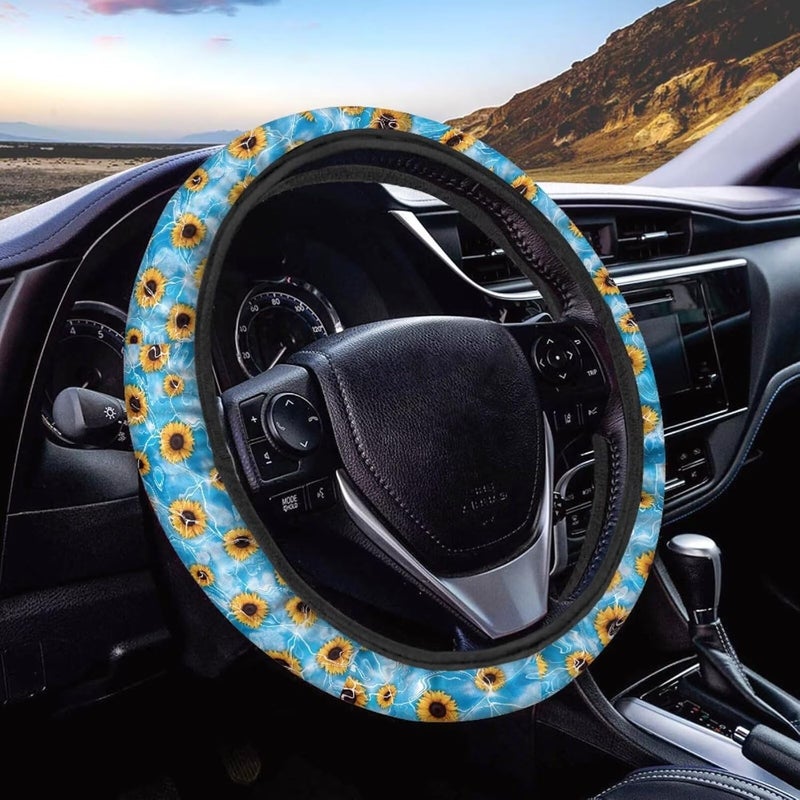 Universal Non-Slip Steering Wheel Cover, 15-inch Polyester Material Driving Accessories, Suitable for Car and Truck(Sea Blue Sunflower Print) - Image 1