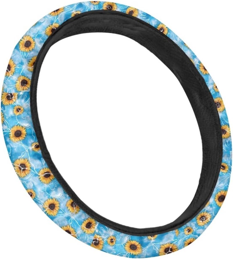 Universal Non-Slip Steering Wheel Cover, 15-inch Polyester Material Driving Accessories, Suitable for Car and Truck(Sea Blue Sunflower Print) - Image 3