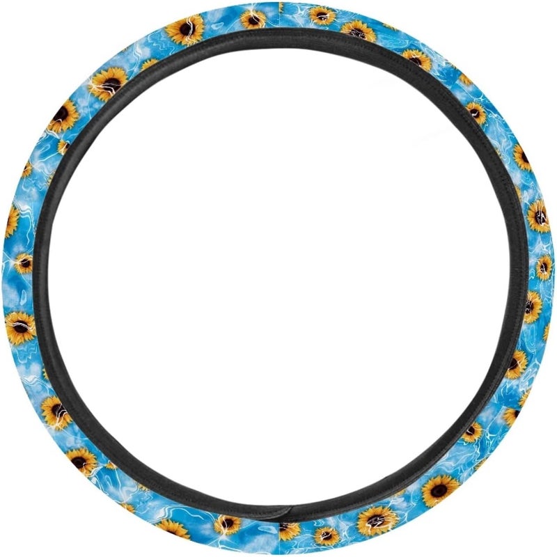 Universal Non-Slip Steering Wheel Cover, 15-inch Polyester Material Driving Accessories, Suitable for Car and Truck(Sea Blue Sunflower Print) - Image 2