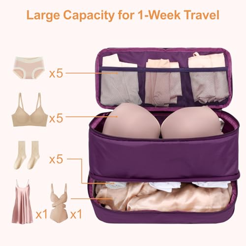 Cambond Travel Underwear Organizer Bag Large 4in1 Soft Double Layer Bra Travel Bag Fits B to 36D Portable Expandable Compression Packing Organizers Underwear Bag Packing Cubes for Women Purple - Image 3