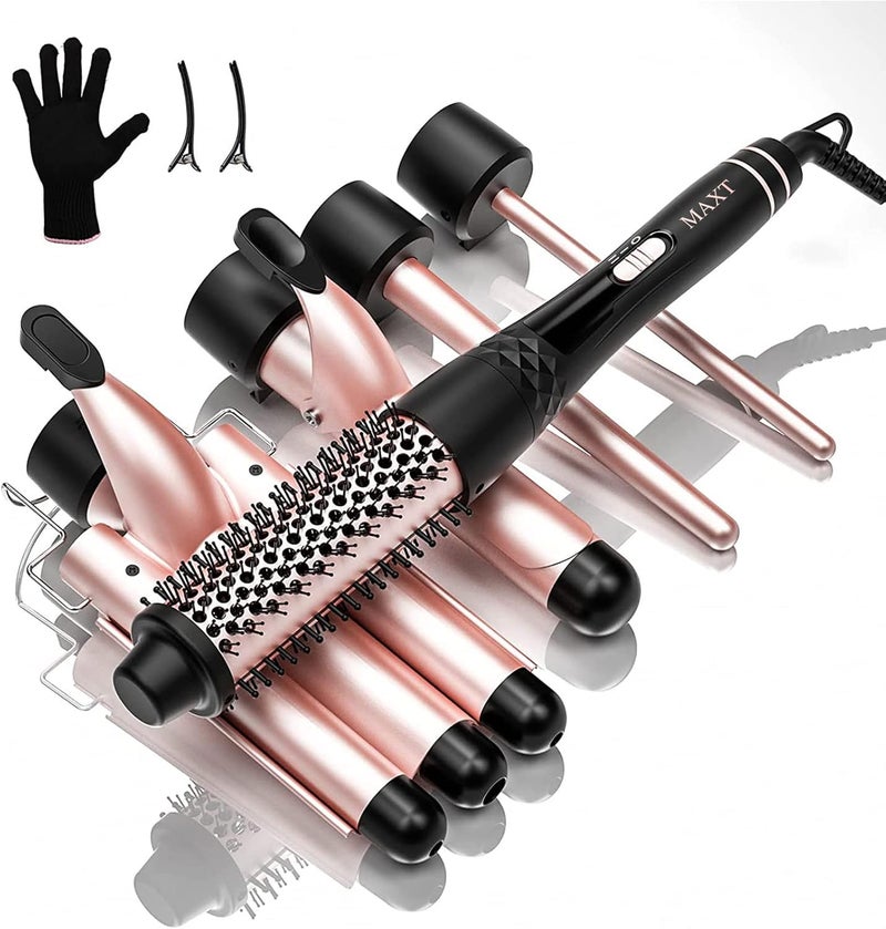 Curling Iron Set 5 in 1MAXT Curling Wand Set Interchangeable Triple Barrel Curling Iron and Curling Brush Ceramic Barrel Wand Curling Iron035125