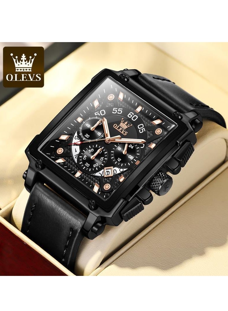 أوليفز ساعة OLEVS للرجال متعددة الوظائف مصنوعة من الجلد، كوارتز، ساعة كلاسيكية مربعة الشكل 9919 - Image 1